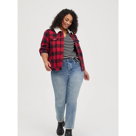 NWT Torrid Sherpa Lined Trucker Buffalo Plaid Jacket Red Plus Size 3 3X H12808 - Picture 14 of 14